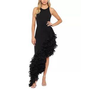 Betsy & Adam Size 4 Black Ruffle Asymmetric Halter Formal Prom Dress Gown $340